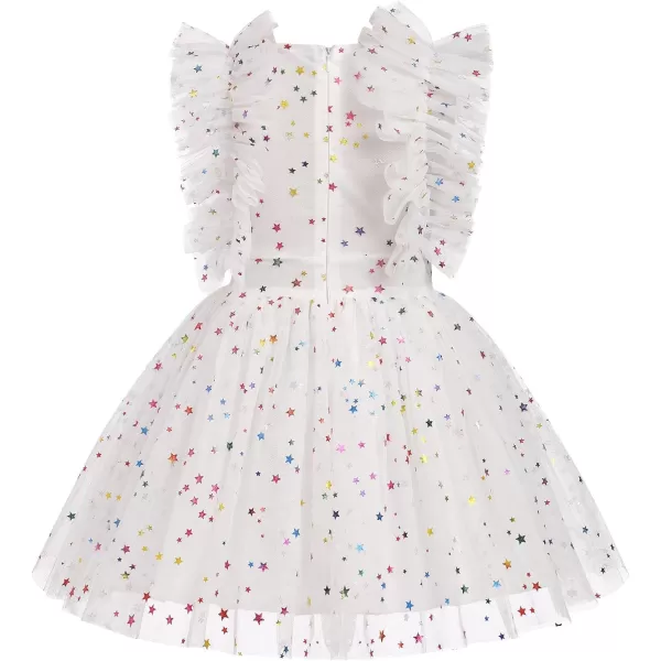 Baby Girls Sequins Romper Tutu Dress Flower Bowknot Dots Print Summer Flutter Sleeves Princess Birthday Party DressesWhite Star  Kids Dress