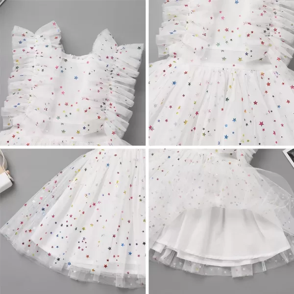 Baby Girls Sequins Romper Tutu Dress Flower Bowknot Dots Print Summer Flutter Sleeves Princess Birthday Party DressesWhite Star  Kids Dress