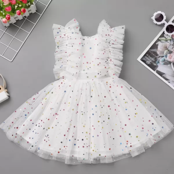 Baby Girls Sequins Romper Tutu Dress Flower Bowknot Dots Print Summer Flutter Sleeves Princess Birthday Party DressesWhite Star  Kids Dress