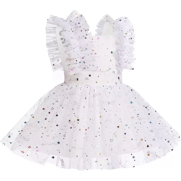 Baby Girls Sequins Romper Tutu Dress Flower Bowknot Dots Print Summer Flutter Sleeves Princess Birthday Party DressesWhite Star