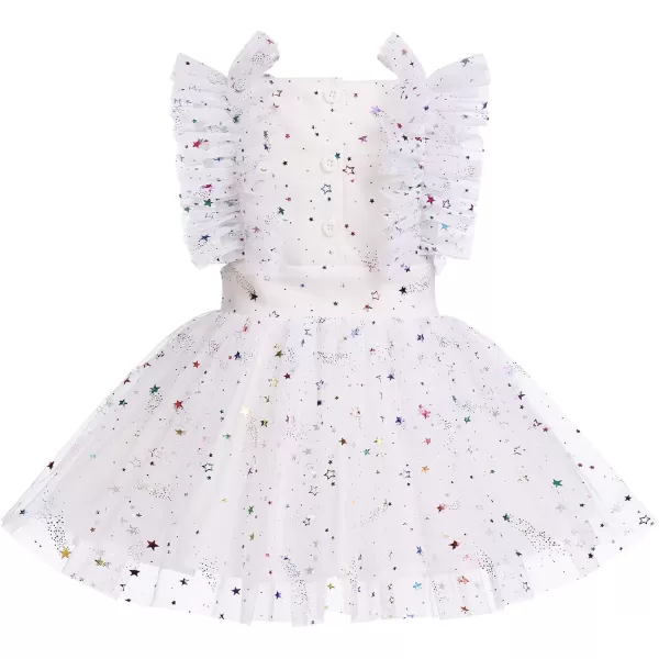 Baby Girls Sequins Romper Tutu Dress Flower Bowknot Dots Print Summer Flutter Sleeves Princess Birthday Party DressesWhite Star