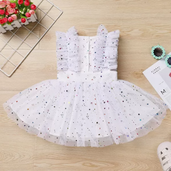 Baby Girls Sequins Romper Tutu Dress Flower Bowknot Dots Print Summer Flutter Sleeves Princess Birthday Party DressesWhite Star