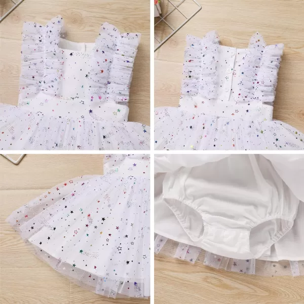 Baby Girls Sequins Romper Tutu Dress Flower Bowknot Dots Print Summer Flutter Sleeves Princess Birthday Party DressesWhite Star