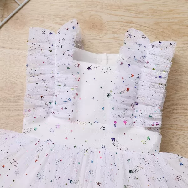 Baby Girls Sequins Romper Tutu Dress Flower Bowknot Dots Print Summer Flutter Sleeves Princess Birthday Party DressesWhite Star