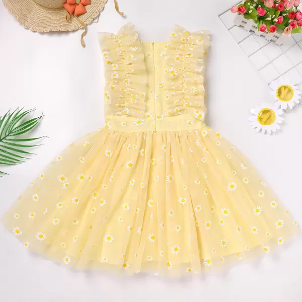 Baby Girls Sequins Romper Tutu Dress Flower Bowknot Dots Print Summer Flutter Sleeves Princess Birthday Party DressesYellow Daisy  Kids Dress