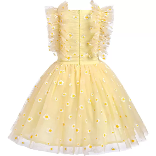 Baby Girls Sequins Romper Tutu Dress Flower Bowknot Dots Print Summer Flutter Sleeves Princess Birthday Party DressesYellow Daisy  Kids Dress