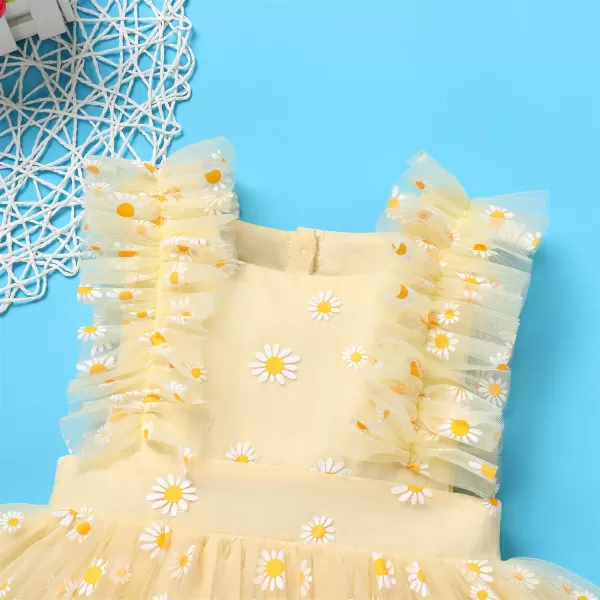 Baby Girls Sequins Romper Tutu Dress Flower Bowknot Dots Print Summer Flutter Sleeves Princess Birthday Party DressesYellow Daisy