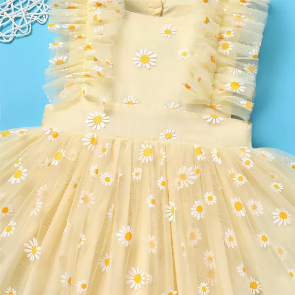 Baby Girls Sequins Romper Tutu Dress Flower Bowknot Dots Print Summer Flutter Sleeves Princess Birthday Party DressesYellow Daisy