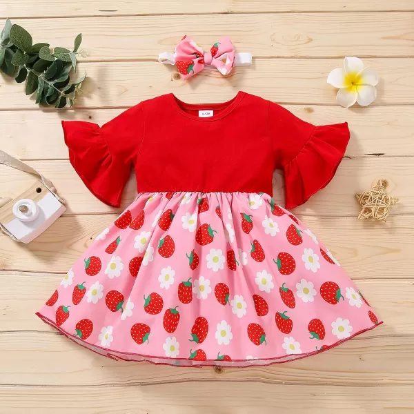 Baby Girls Strawberry Dress Summer Ruffle Sleeves Princess Birthday Party Dresses Suspenders Sundress with Headband Set