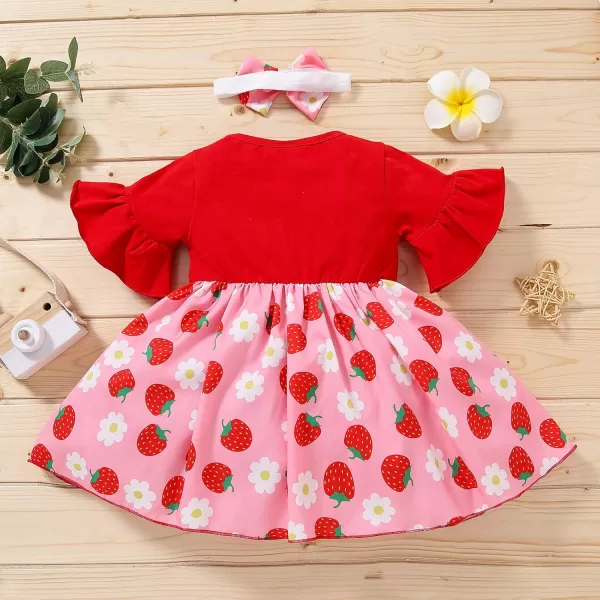 Baby Girls Strawberry Dress Summer Ruffle Sleeves Princess Birthday Party Dresses Suspenders Sundress with Headband Set