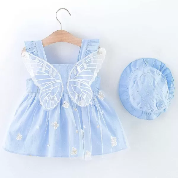 Baby Girls Tutu Dress Summer Sleeveless Backless Princess Birthday Party Dresses Floral Bow Sundress with Straw Hat SetBlue Butterfly