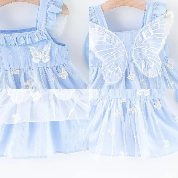 Baby Girls Tutu Dress Summer Sleeveless Backless Princess Birthday Party Dresses Floral Bow Sundress with Straw Hat SetBlue Butterfly