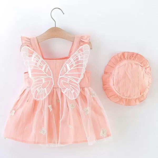 Baby Girls Tutu Dress Summer Sleeveless Backless Princess Birthday Party Dresses Floral Bow Sundress with Straw Hat SetPink Butterfly