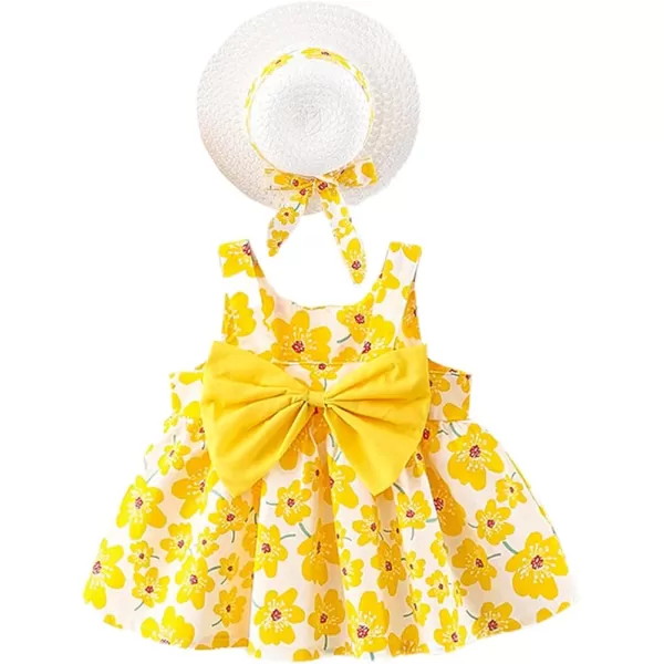 Baby Girls Tutu Dress Summer Sleeveless Backless Princess Birthday Party Dresses Floral Bow Sundress with Straw Hat SetYellow Floral  Bow