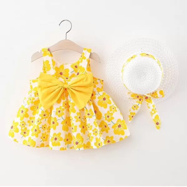 Baby Girls Tutu Dress Summer Sleeveless Backless Princess Birthday Party Dresses Floral Bow Sundress with Straw Hat SetYellow Floral  Bow