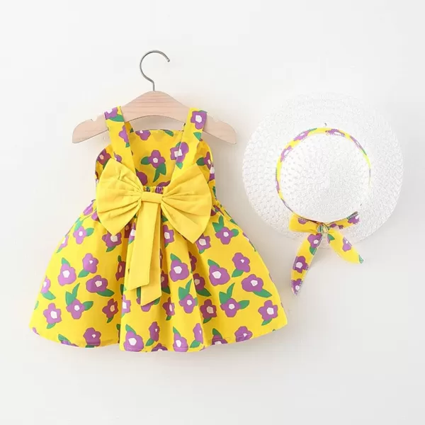 Baby Girls Tutu Dress Summer Sleeveless Backless Princess Birthday Party Dresses Floral Bow Sundress with Straw Hat SetYellow Floral