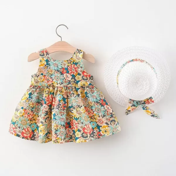 Baby Girls Tutu Dress Summer Sleeveless Backless Princess Birthday Party Dresses Floral Bow Sundress with Straw Hat SetYellow Flower