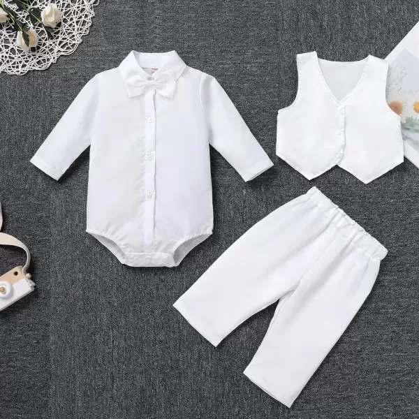 Baptism Christening Outfits for Boys Baby Formal Suit Gentleman Bowtie Romper Vest Shorts White Wedding Tuxedo OutfitWhite Long Sleeve