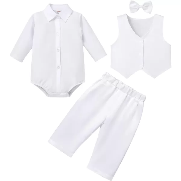 Baptism Christening Outfits for Boys Baby Formal Suit Gentleman Bowtie Romper Vest Shorts White Wedding Tuxedo OutfitWhite Long Sleeve