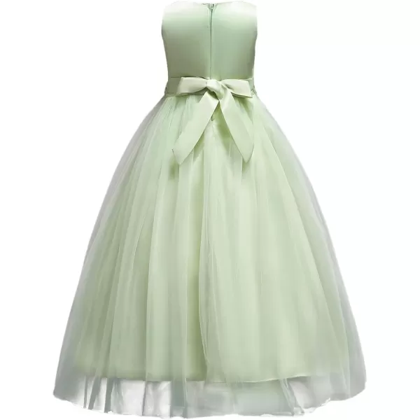 Big Girls Lace Flower Wedding Bridesmaid Formal Party Tulle Dresses Long Pageant Communion Prom Floor Length Ball GownLight Green