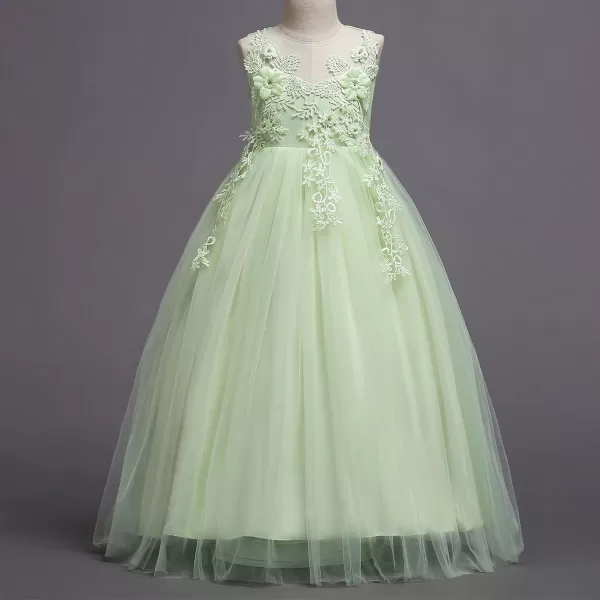 Big Girls Lace Flower Wedding Bridesmaid Formal Party Tulle Dresses Long Pageant Communion Prom Floor Length Ball GownLight Green