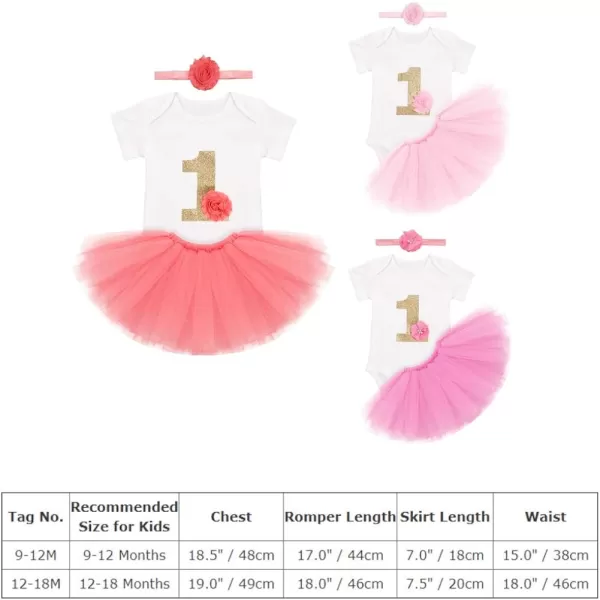 Birthday Outfit Girls Baby Strawberry Heart One Romper  Ruffle Tulle Skirt  Sequins Crown Headband 3PCS Clothes SetDark Pink 1st