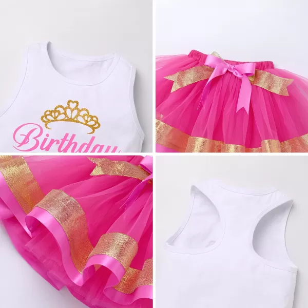 Birthday Princess Girl Outfit Baby Sleeveless TShirt Top Tutu Skirt Headband Clothes Set for Cake Smash Photo ShootHot Pink