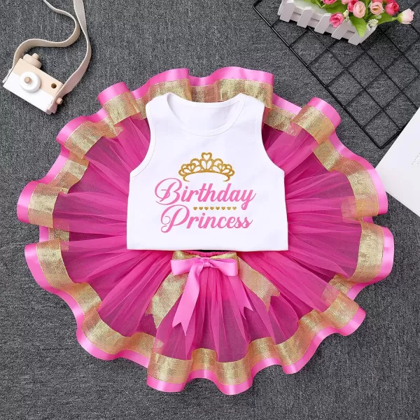 Birthday Princess Girl Outfit Baby Sleeveless TShirt Top Tutu Skirt Headband Clothes Set for Cake Smash Photo ShootHot Pink