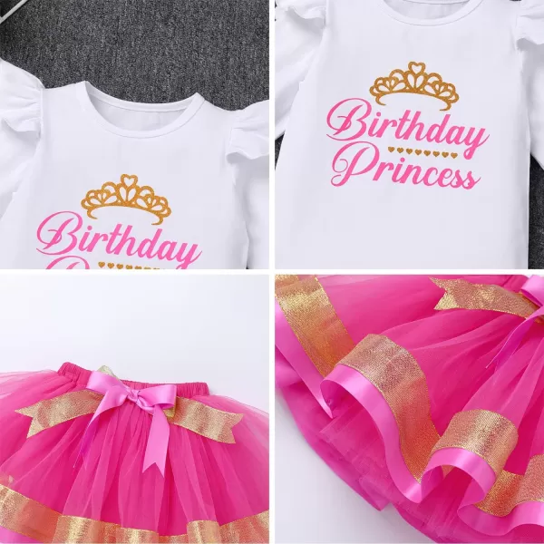 Birthday Princess Girl Outfit Baby Sleeveless TShirt Top Tutu Skirt Headband Clothes Set for Cake Smash Photo ShootHot Pink Long Sleeve