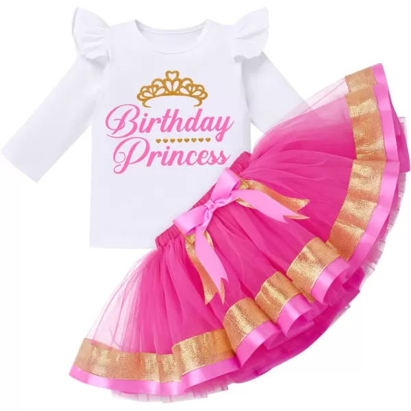 Birthday Princess Girl Outfit Baby Sleeveless TShirt Top Tutu Skirt Headband Clothes Set for Cake Smash Photo ShootHot Pink Long Sleeve