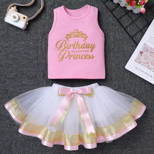 Birthday Princess Girl Outfit Baby Sleeveless TShirt Top Tutu Skirt Headband Clothes Set for Cake Smash Photo ShootPink  White