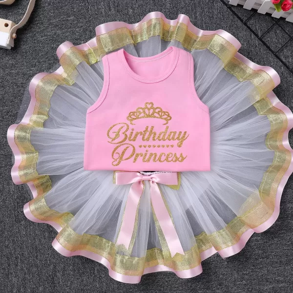 Birthday Princess Girl Outfit Baby Sleeveless TShirt Top Tutu Skirt Headband Clothes Set for Cake Smash Photo ShootPink  White