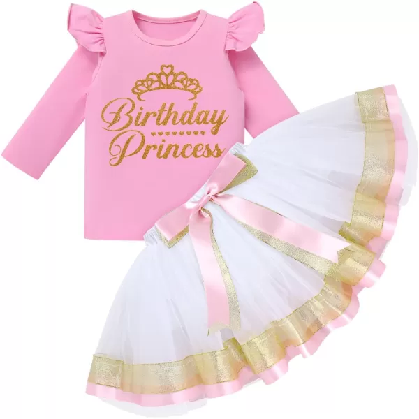 Birthday Princess Girl Outfit Baby Sleeveless TShirt Top Tutu Skirt Headband Clothes Set for Cake Smash Photo ShootPink  White Long Sleeve