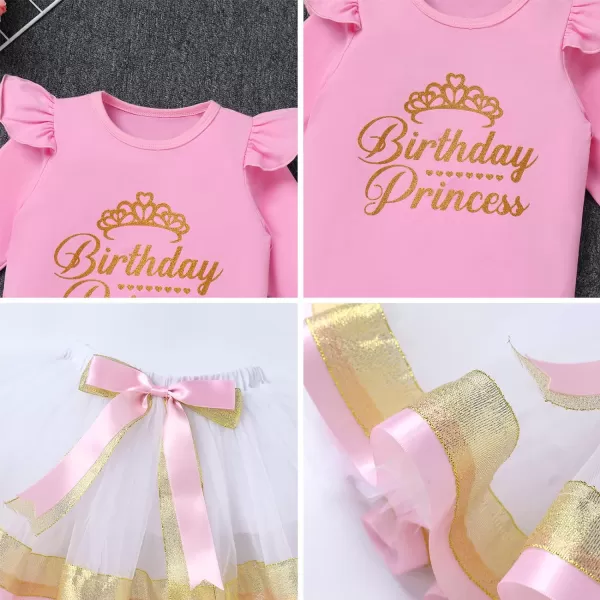 Birthday Princess Girl Outfit Baby Sleeveless TShirt Top Tutu Skirt Headband Clothes Set for Cake Smash Photo ShootPink  White Long Sleeve