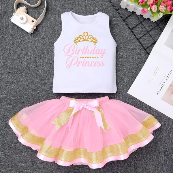 Birthday Princess Girl Outfit Baby Sleeveless TShirt Top Tutu Skirt Headband Clothes Set for Cake Smash Photo ShootPink