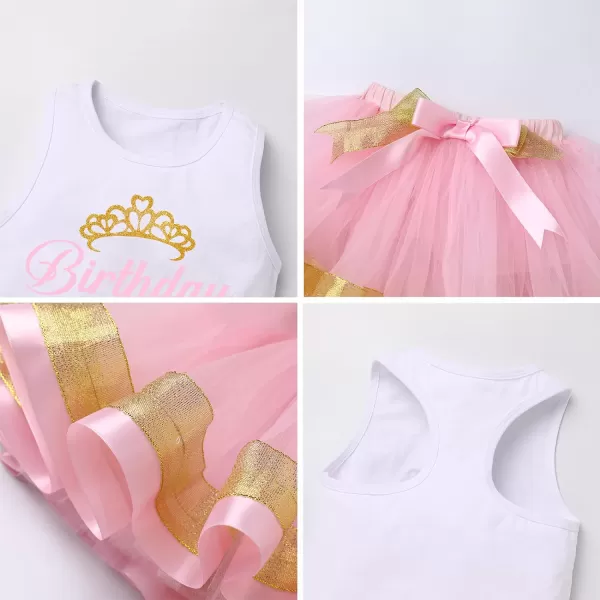 Birthday Princess Girl Outfit Baby Sleeveless TShirt Top Tutu Skirt Headband Clothes Set for Cake Smash Photo ShootPink