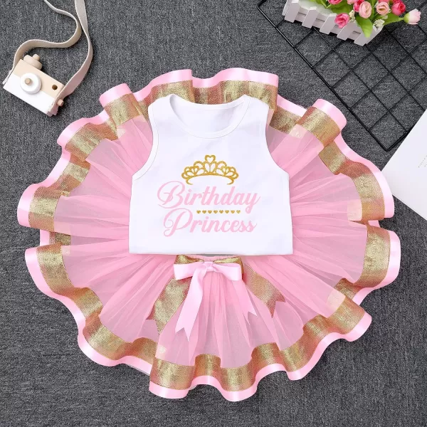 Birthday Princess Girl Outfit Baby Sleeveless TShirt Top Tutu Skirt Headband Clothes Set for Cake Smash Photo ShootPink