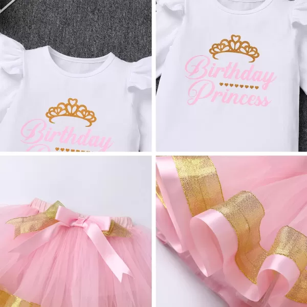 Birthday Princess Girl Outfit Baby Sleeveless TShirt Top Tutu Skirt Headband Clothes Set for Cake Smash Photo ShootPink Long Sleeve