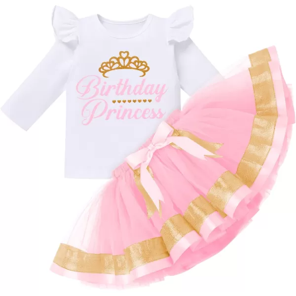 Birthday Princess Girl Outfit Baby Sleeveless TShirt Top Tutu Skirt Headband Clothes Set for Cake Smash Photo ShootPink Long Sleeve