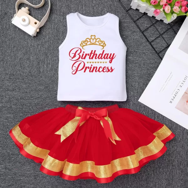 Birthday Princess Girl Outfit Baby Sleeveless TShirt Top Tutu Skirt Headband Clothes Set for Cake Smash Photo ShootRed