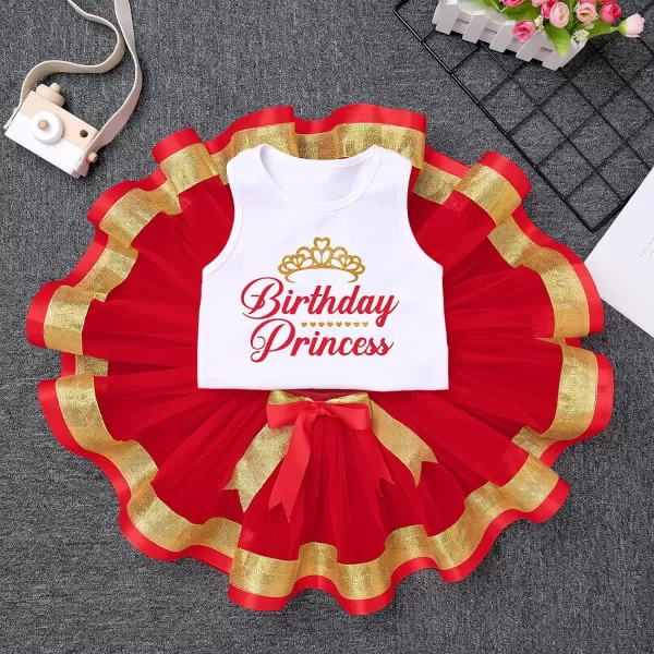 Birthday Princess Girl Outfit Baby Sleeveless TShirt Top Tutu Skirt Headband Clothes Set for Cake Smash Photo ShootRed