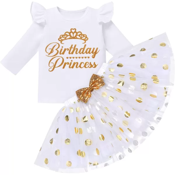 Birthday Princess Girl Outfit Baby Sleeveless TShirt Top Tutu Skirt Headband Clothes Set for Cake Smash Photo ShootWhite Long Sleeve