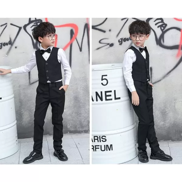 Boys Formal Suit Set 4Piece Slim Fit Dresswear Jacket Bowtie Shirt Pants for Toddler Kids Tuxedo Wedding Party OutfitBlack  Vest Set