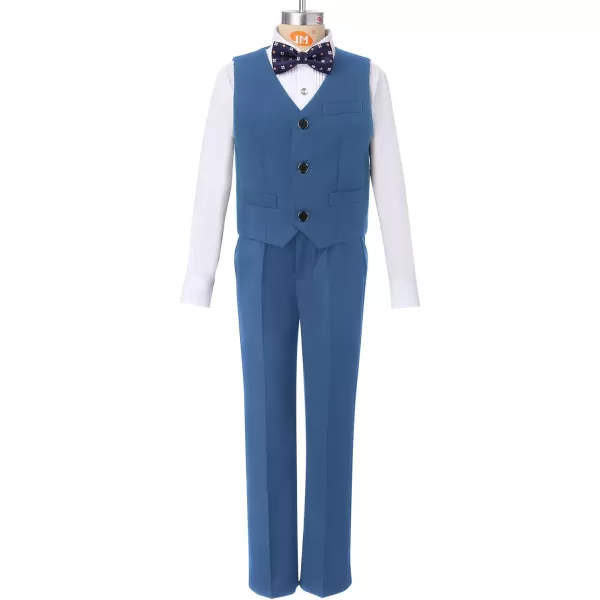 Boys Formal Suit Set 4Piece Slim Fit Dresswear Jacket Bowtie Shirt Pants for Toddler Kids Tuxedo Wedding Party OutfitBlue  Vest Set