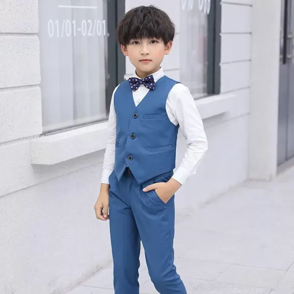 Boys Formal Suit Set 4Piece Slim Fit Dresswear Jacket Bowtie Shirt Pants for Toddler Kids Tuxedo Wedding Party OutfitBlue  Vest Set