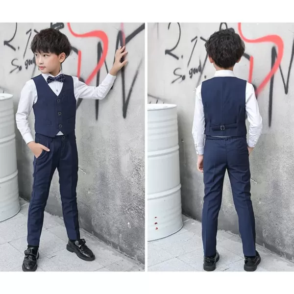 Boys Formal Suit Set 4Piece Slim Fit Dresswear Jacket Bowtie Shirt Pants for Toddler Kids Tuxedo Wedding Party OutfitNavy Blue  Vest Set