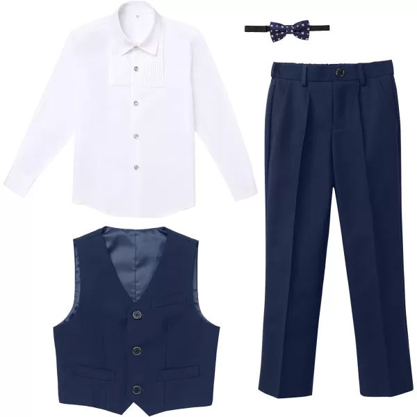 Boys Formal Suit Set 4Piece Slim Fit Dresswear Jacket Bowtie Shirt Pants for Toddler Kids Tuxedo Wedding Party OutfitNavy Blue  Vest Set