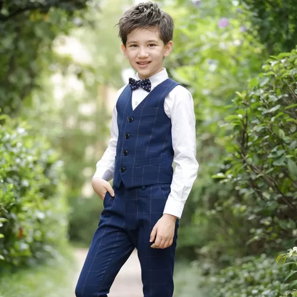 Boys Formal Suit Set 4Piece Slim Fit Dresswear Jacket Bowtie Shirt Pants for Toddler Kids Tuxedo Wedding Party OutfitNavy Blue Plaid  Vest Set