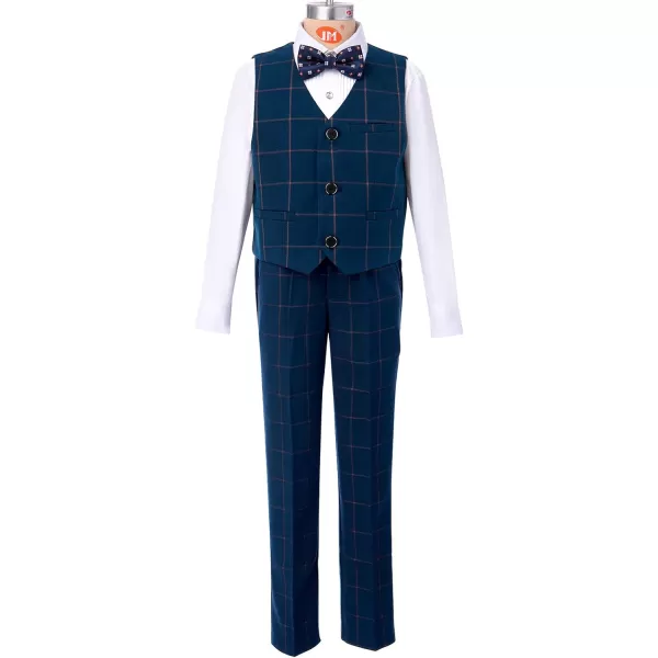 Boys Formal Suit Set 4Piece Slim Fit Dresswear Jacket Bowtie Shirt Pants for Toddler Kids Tuxedo Wedding Party OutfitNavy Blue Plaid  Vest Set