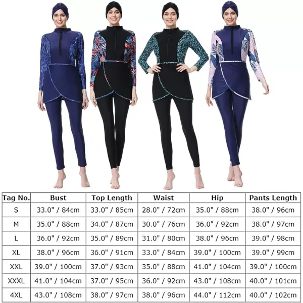 Burkini Swimsuits for Women Modest Muslim Swimsuit Islamic Long Sleeve Burkini Full Cover Hijab Top Pants Bathing SuitBlack  Blue Print